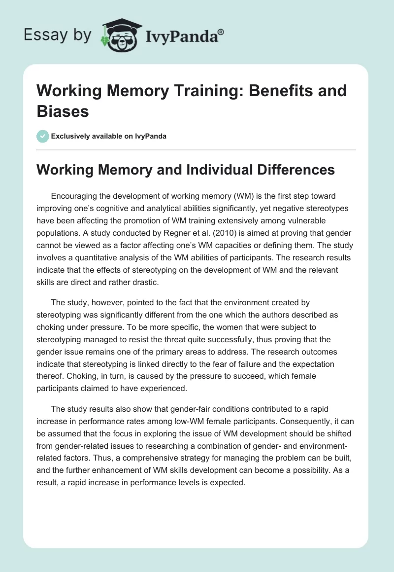 Working Memory Training: Benefits and Biases. Page 1