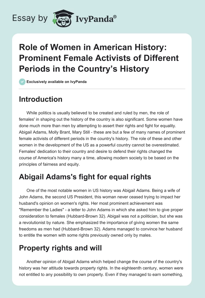 Role of Women in American History: Prominent Female Activists of Different Periods in the Country’s History. Page 1