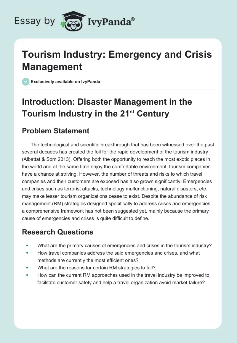 Tourism Industry: Emergency and Crisis Management. Page 1