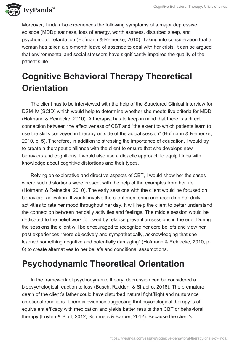 Cognitive Behavioral Therapy: Crisis of Linda. Page 2