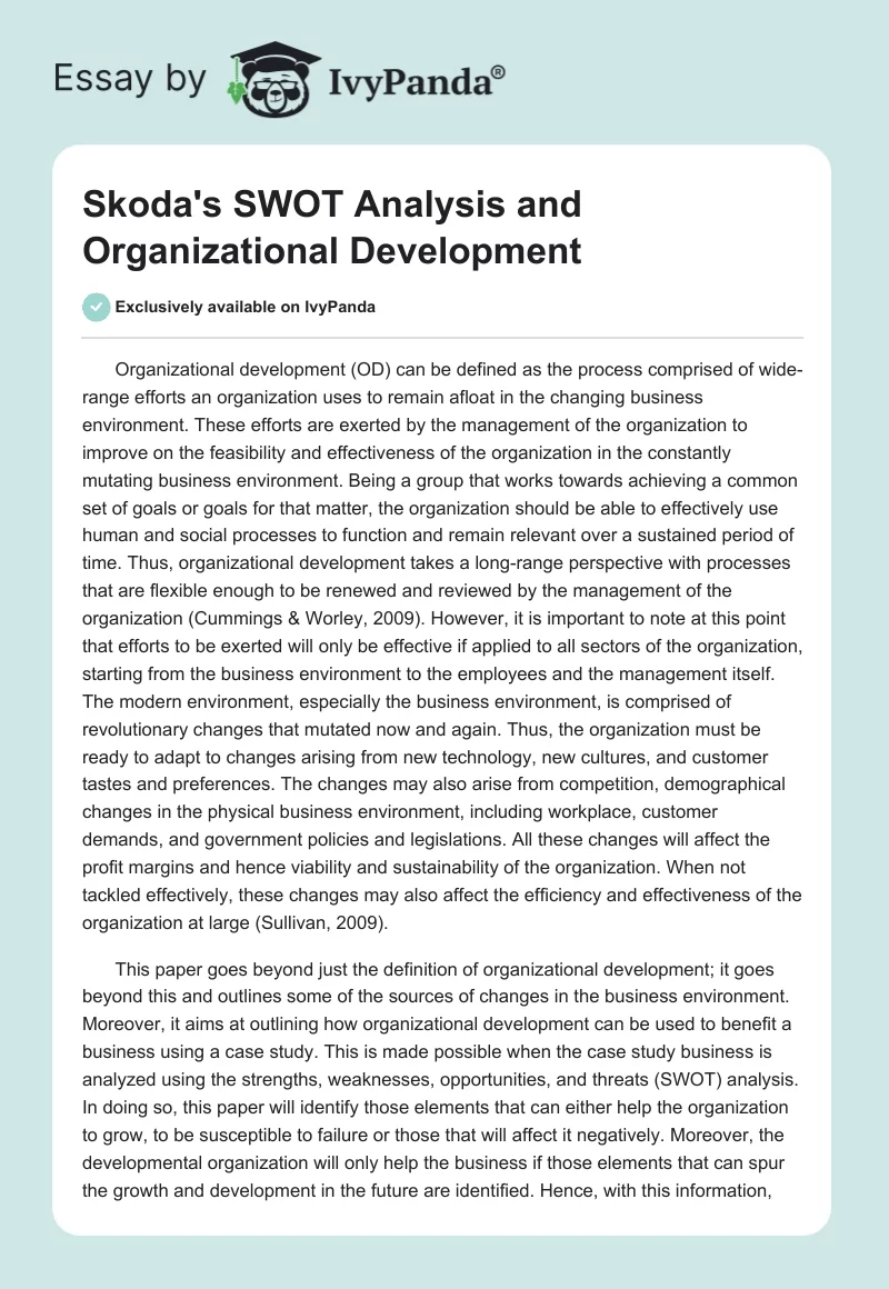 Skoda's SWOT Analysis and Organizational Development. Page 1