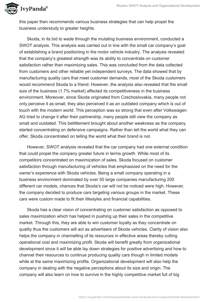 Skoda's SWOT Analysis and Organizational Development. Page 2