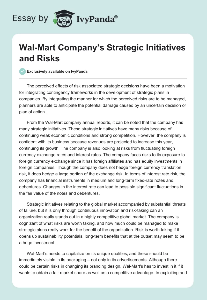 Wal-Mart Company’s Strategic Initiatives and Risks. Page 1