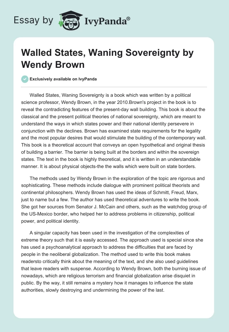 "Walled States, Waning Sovereignty" by Wendy Brown. Page 1