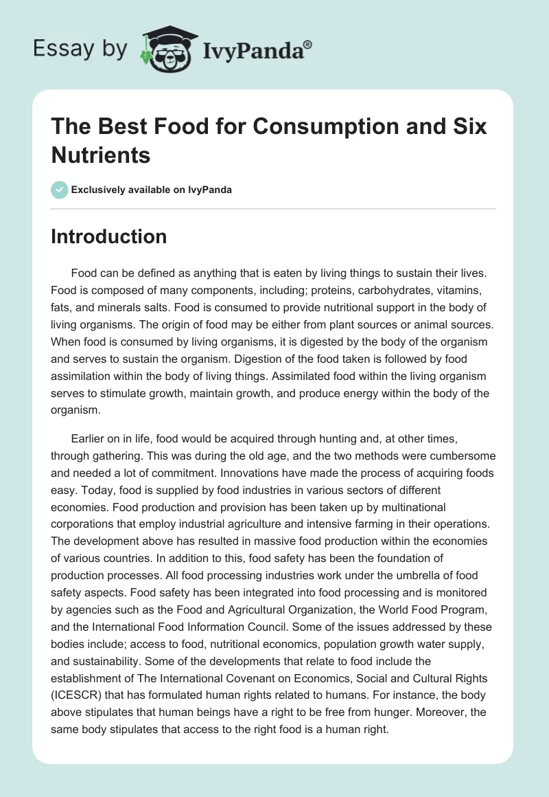 The Best Food for Consumption and Six Nutrients. Page 1