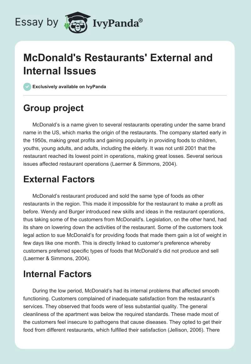 McDonald's Restaurants' External and Internal Issues. Page 1