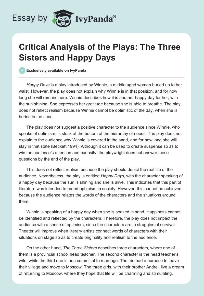 Critical Analysis of the Plays: The Three Sisters and Happy Days. Page 1