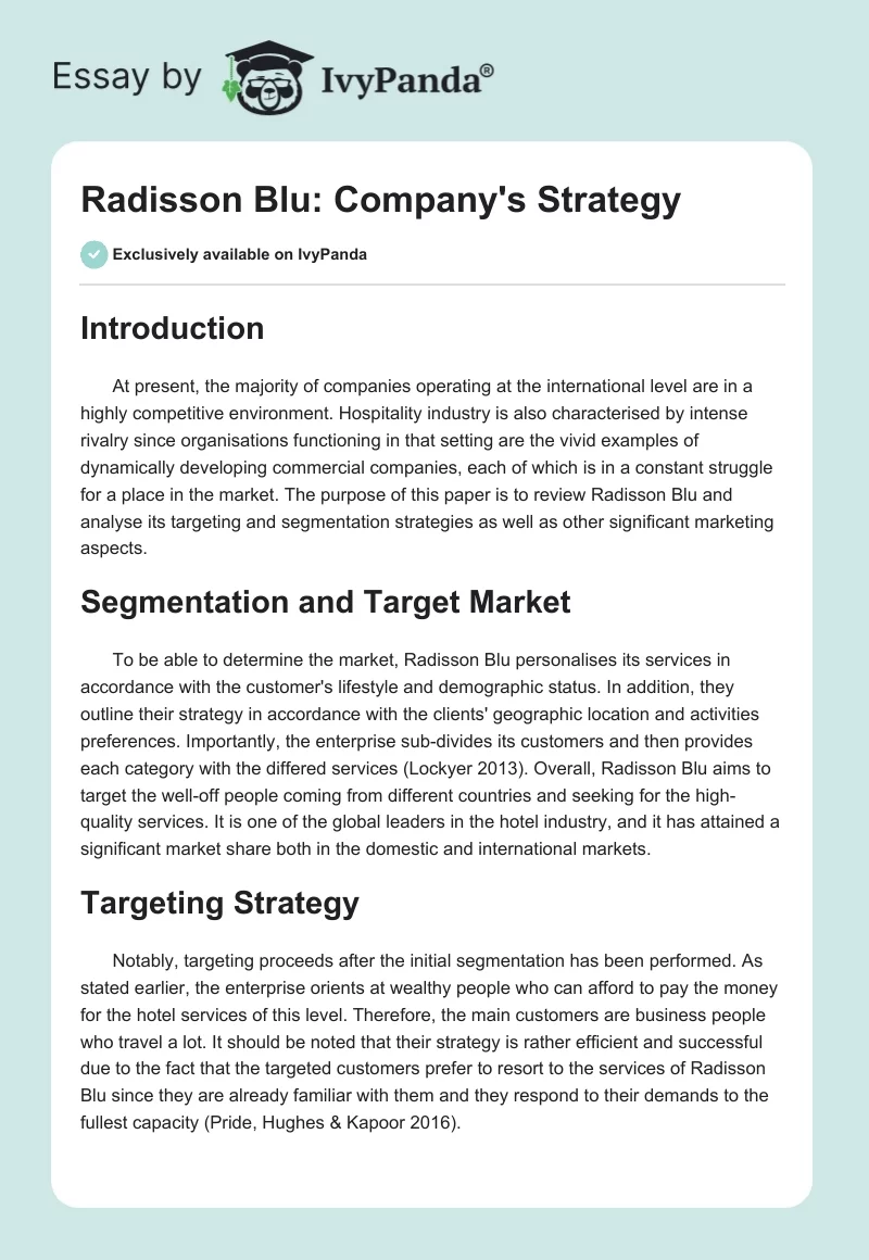 Radisson Blu: Company's Strategy. Page 1