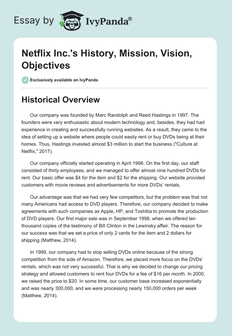 Netflix Inc.'s History, Mission, Vision, Objectives. Page 1