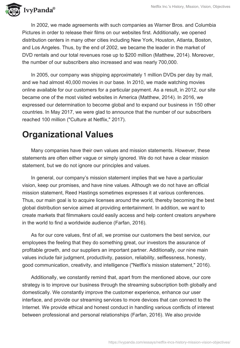 Netflix Inc.'s History, Mission, Vision, Objectives. Page 2