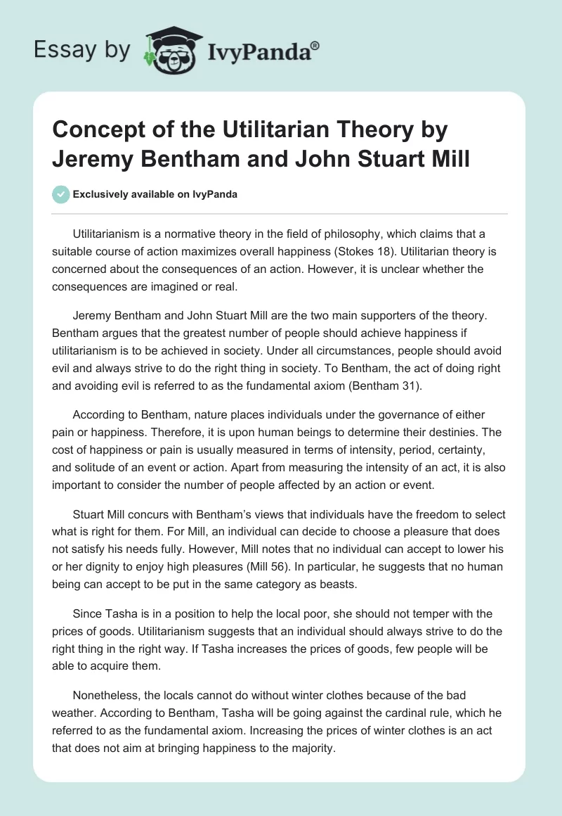 Concept of the Utilitarian Theory by Jeremy Bentham and John Stuart Mill. Page 1