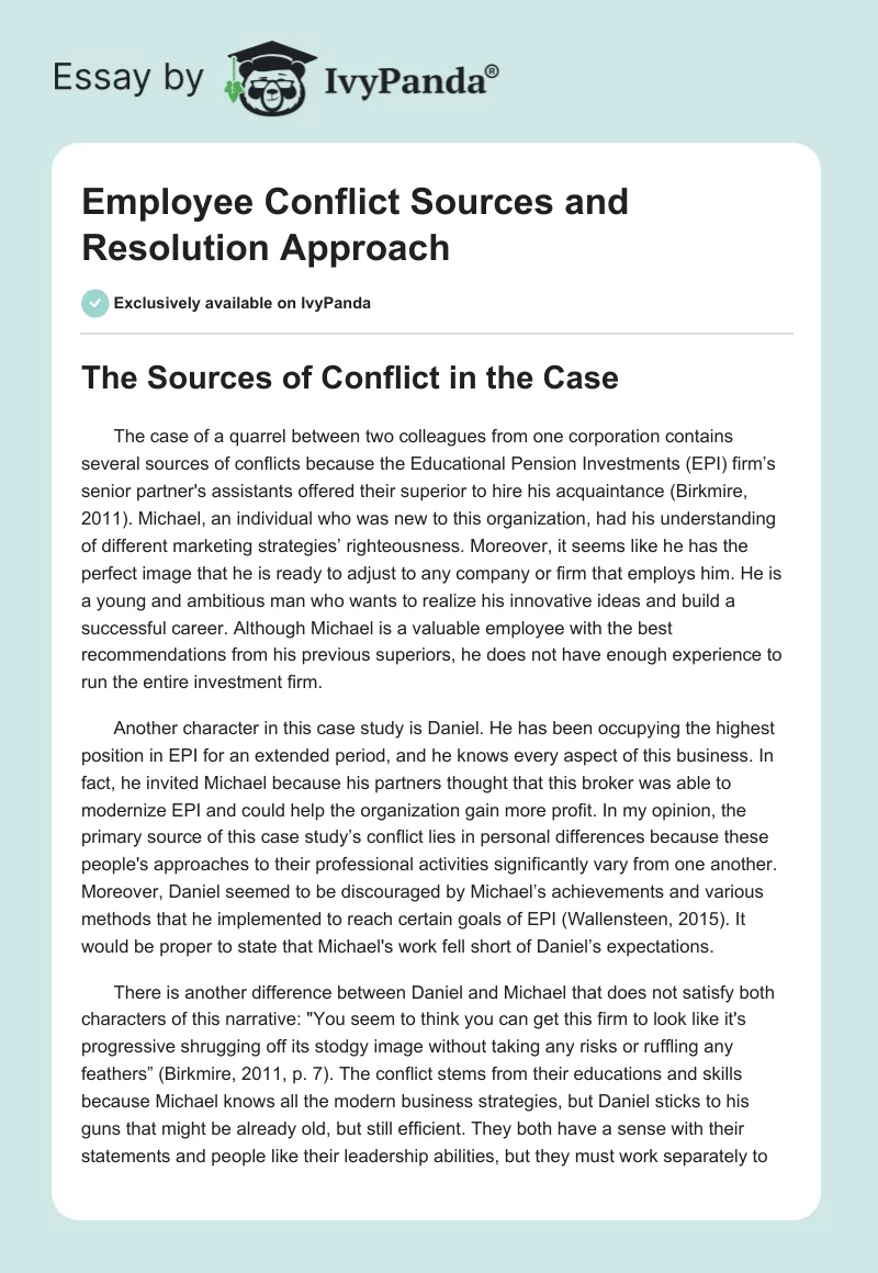 Employee Conflict Sources and Resolution Approach. Page 1