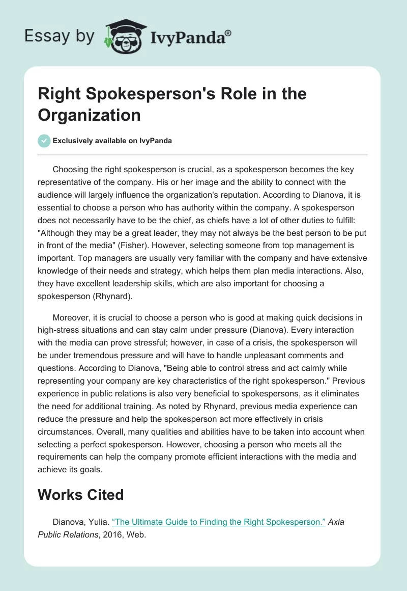 Right Spokesperson's Role in the Organization. Page 1
