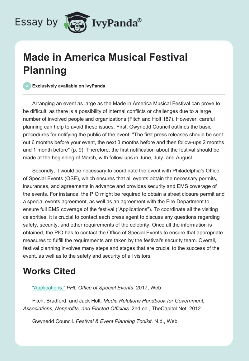 Made in America Musical Festival Planning. Page 1