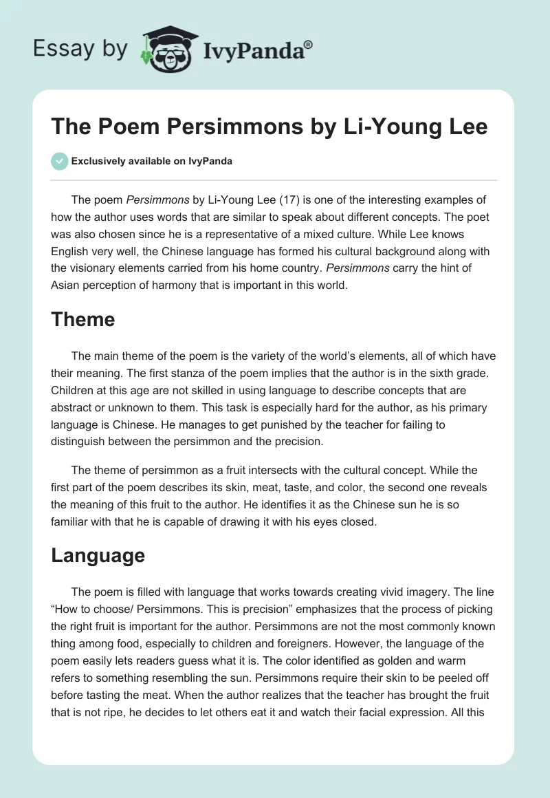 The Poem "Persimmons" by Li-Young Lee. Page 1