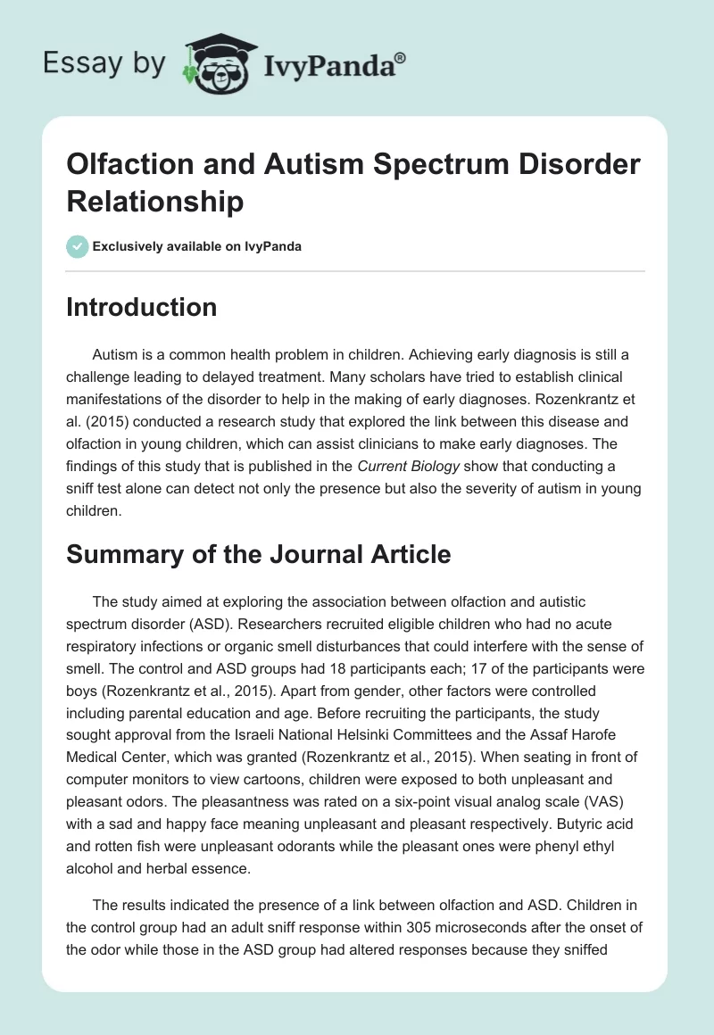 Olfaction and Autism Spectrum Disorder Relationship. Page 1