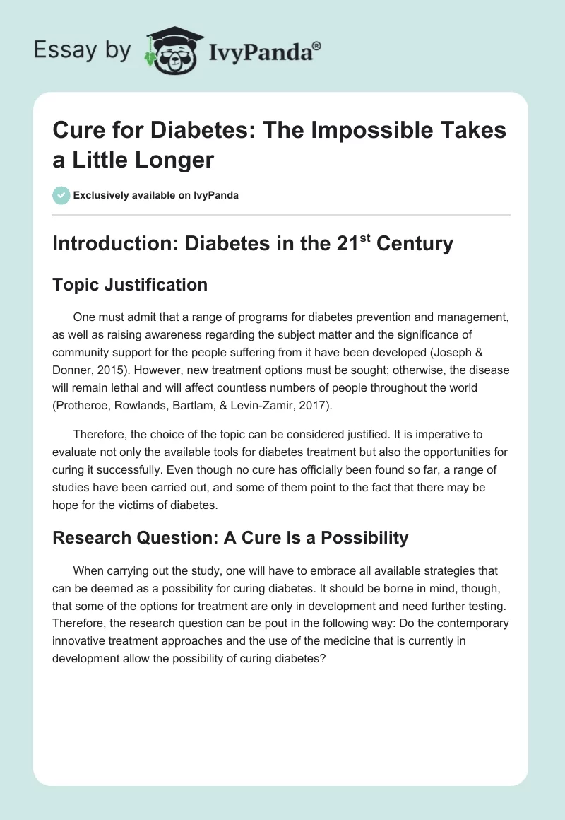 Cure for Diabetes: The Impossible Takes a Little Longer. Page 1