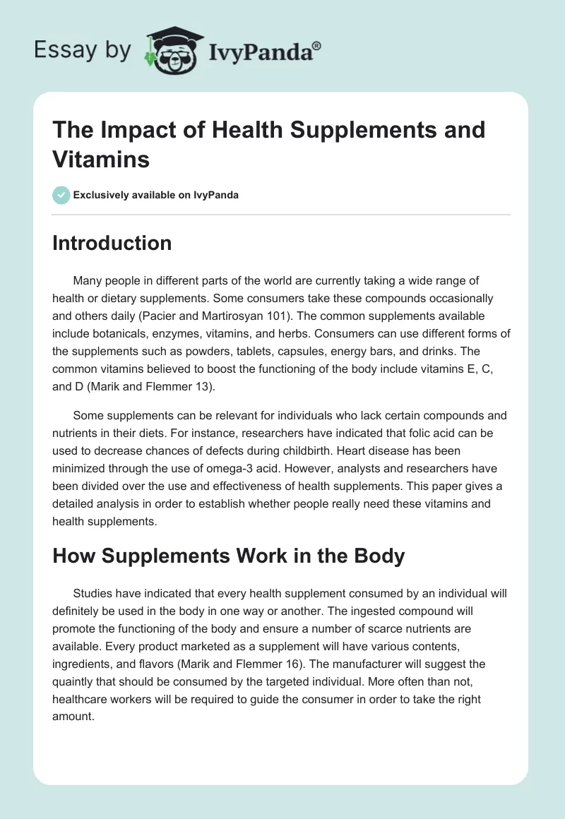 The Impact of Health Supplements and Vitamins. Page 1