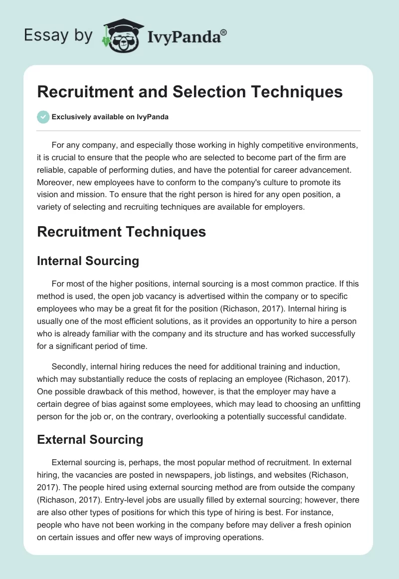 Recruitment and Selection Techniques. Page 1