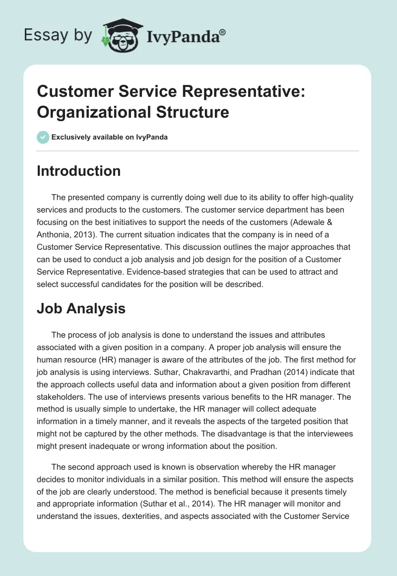 Customer Service Representative: Organizational Structure. Page 1