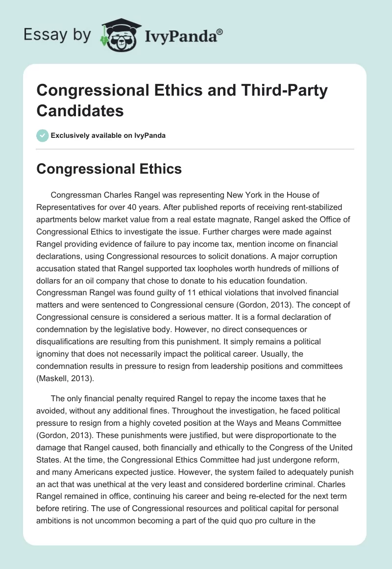 Congressional Ethics and Third-Party Candidates. Page 1