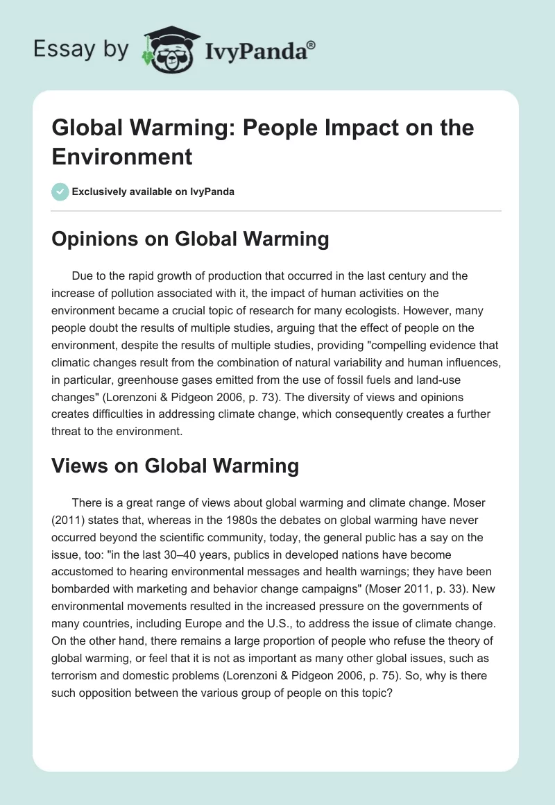 Global Warming: People Impact on the Environment. Page 1
