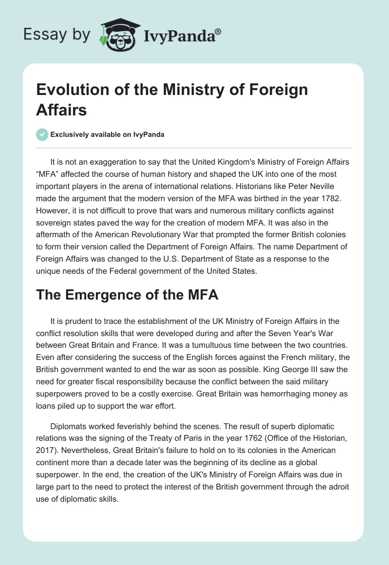 Evolution of the Ministry of Foreign Affairs. Page 1