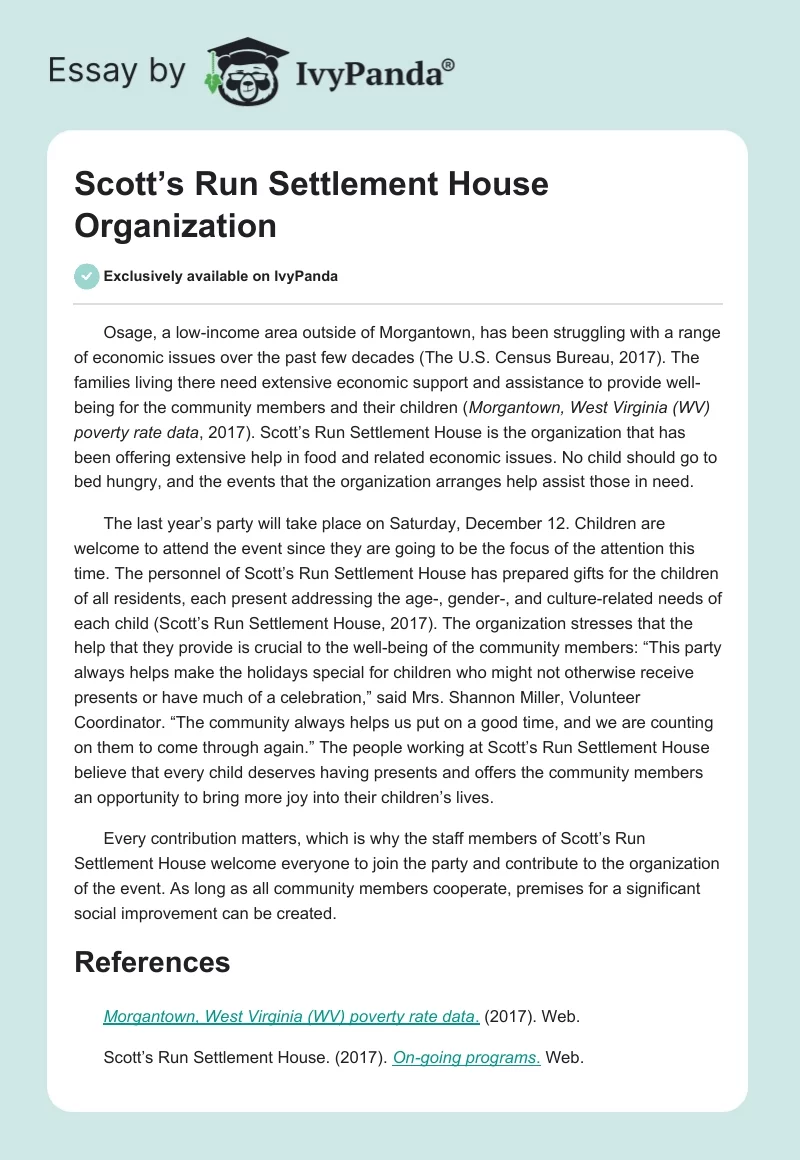 Scott’s Run Settlement House Organization. Page 1