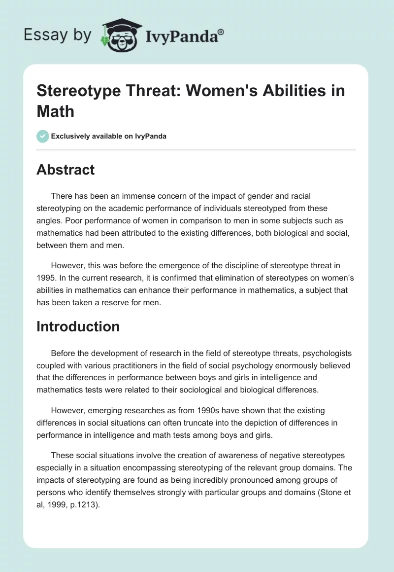 Stereotype Threat: Women's Abilities in Math. Page 1
