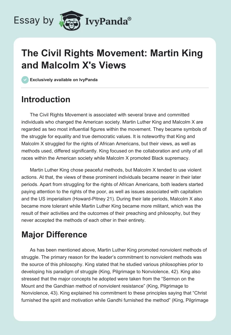 The Civil Rights Movement: Martin King and Malcolm X's Views. Page 1