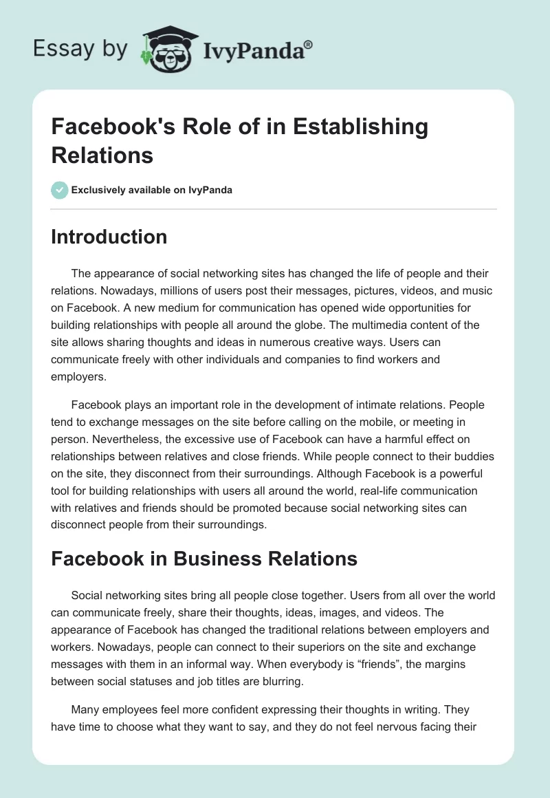 Facebook's Role of in Establishing Relations. Page 1