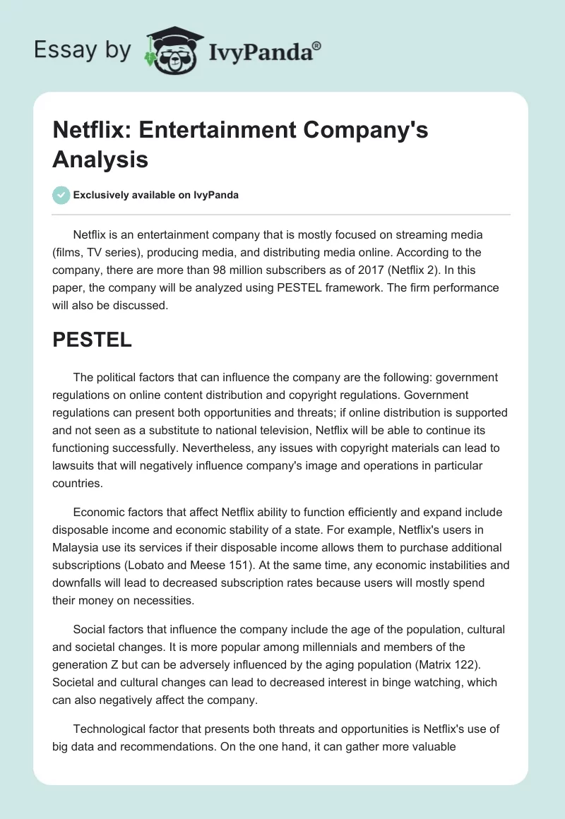 Netflix: Entertainment Company's Analysis. Page 1