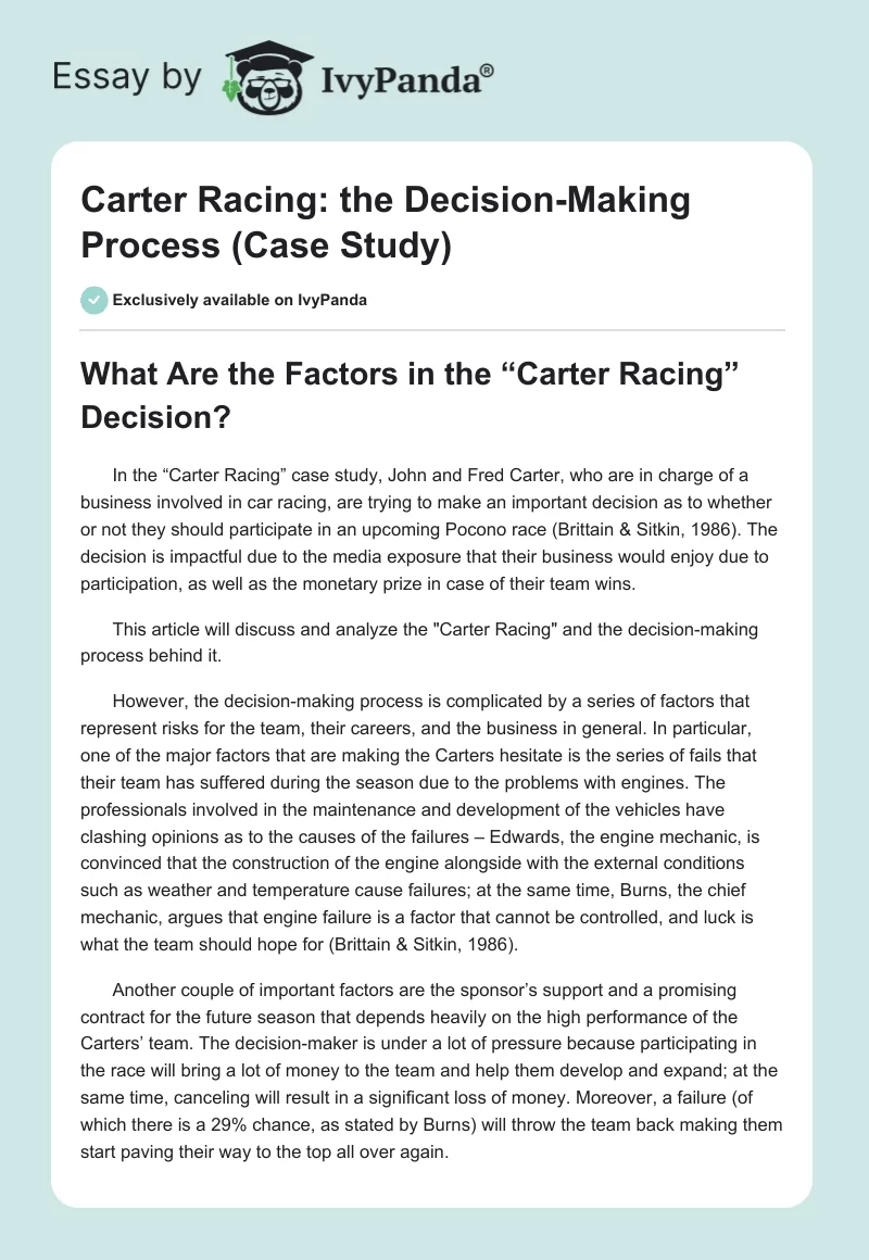 Carter Racing: the Decision-Making Process (Case Study). Page 1