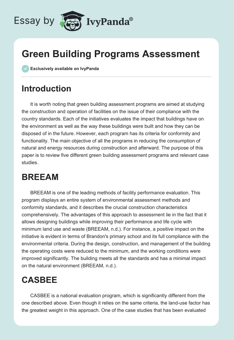 Green Building Programs Assessment. Page 1