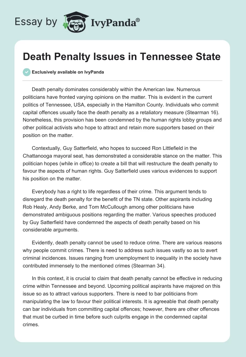 Death Penalty Issues in Tennessee State. Page 1