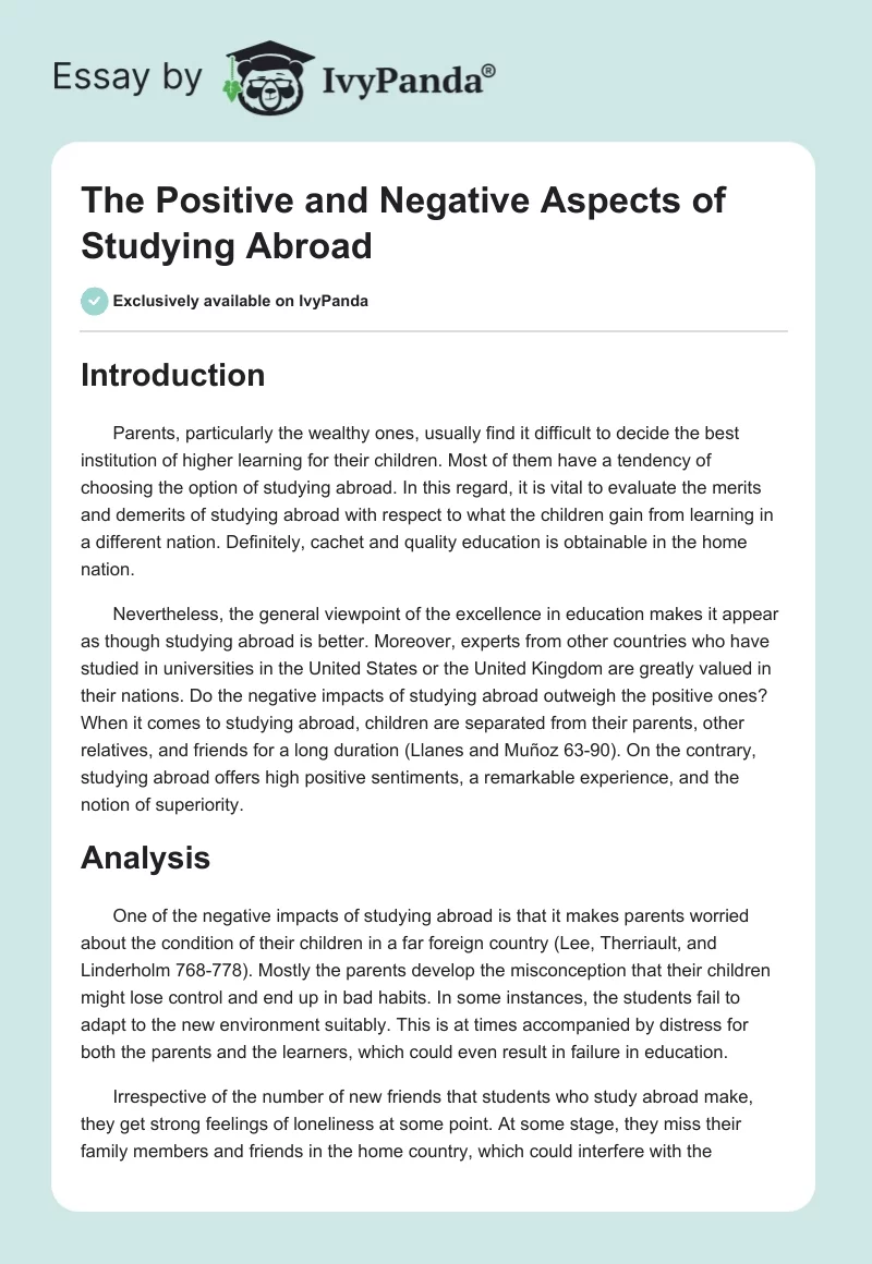 The Positive and Negative Aspects of Studying Abroad. Page 1