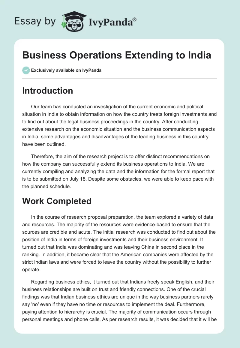 Business Operations Extending to India. Page 1