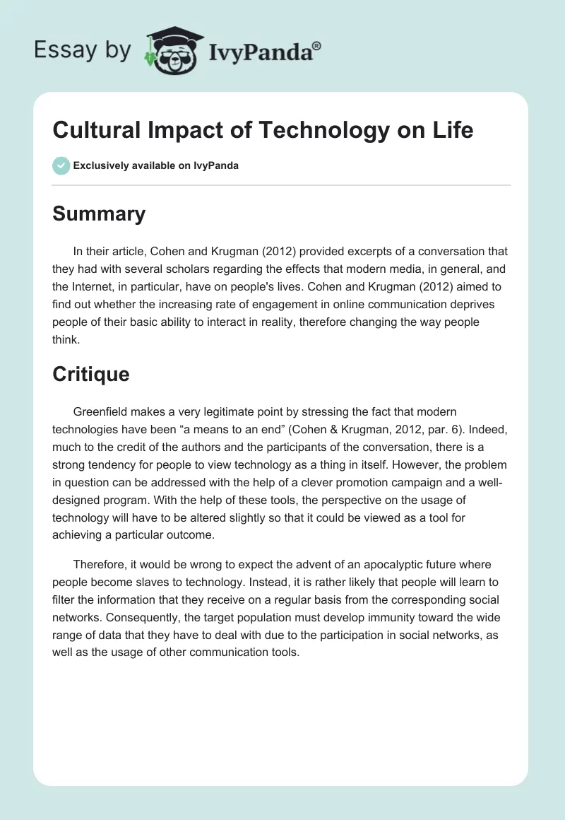 Cultural Impact of Technology on Life. Page 1