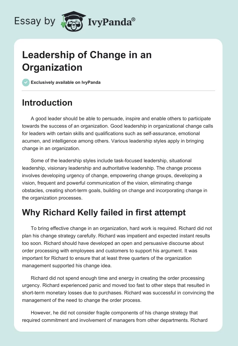 Leadership of Change in an Organization. Page 1