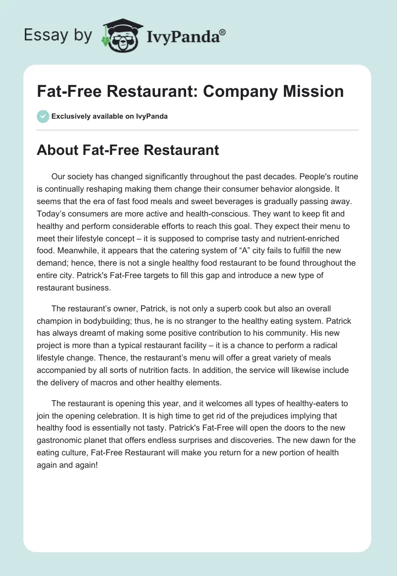 Fat-Free Restaurant: Company Mission. Page 1