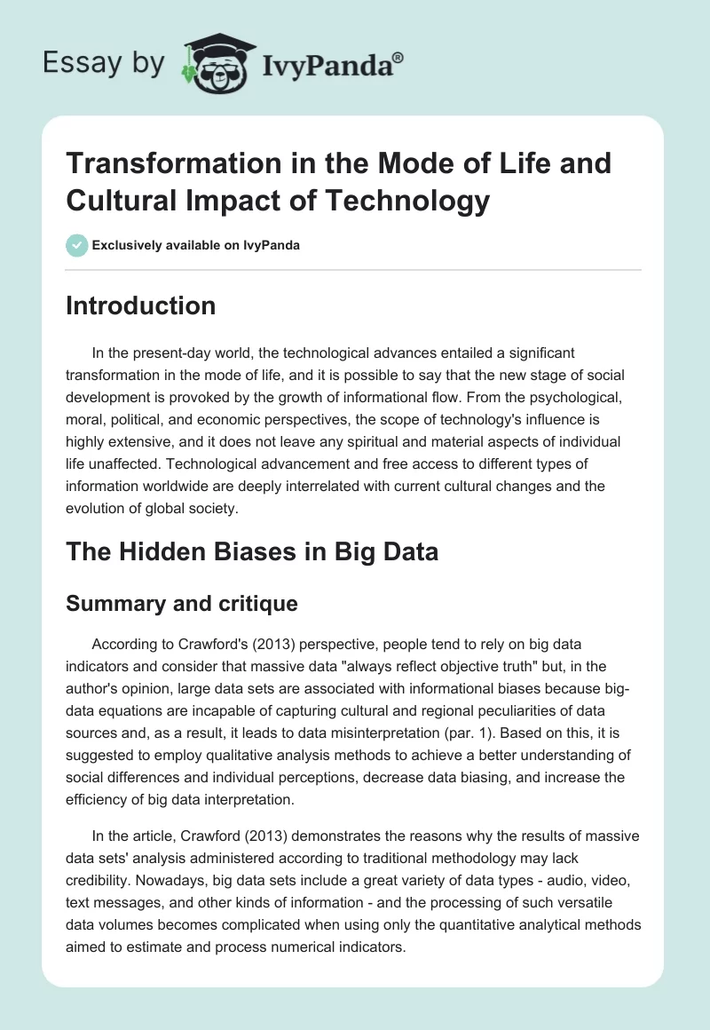 Transformation in the Mode of Life and Cultural Impact of Technology. Page 1