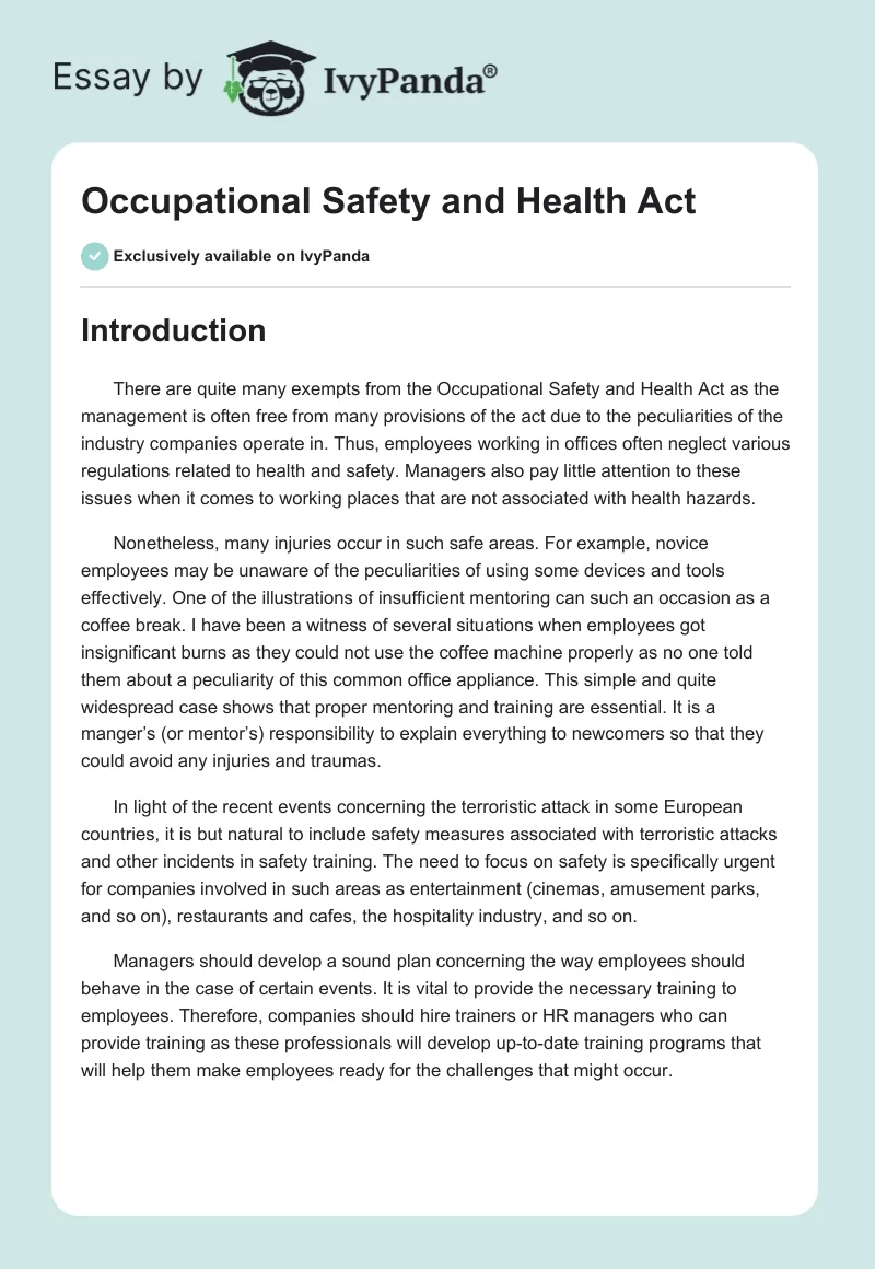 Occupational Safety and Health Act. Page 1
