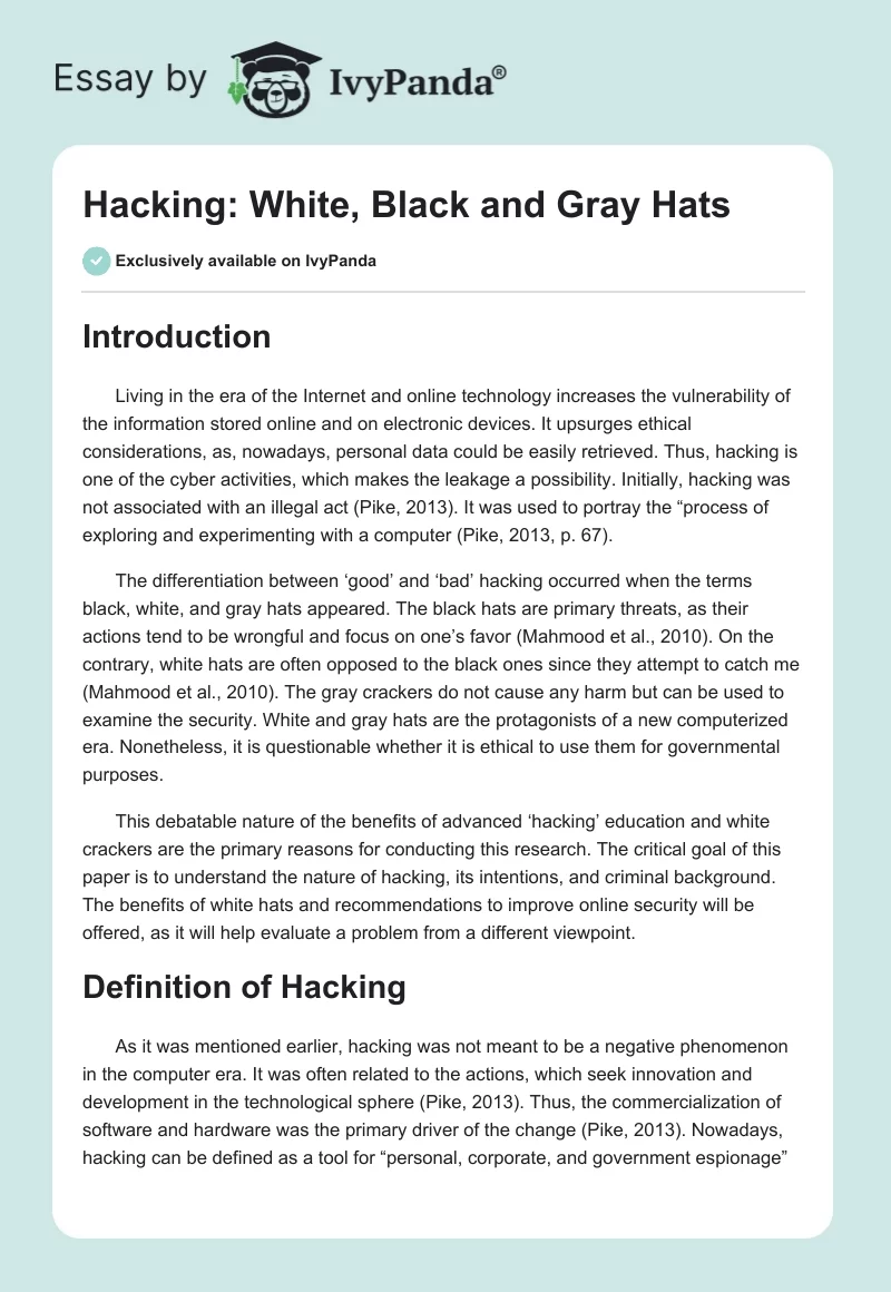 Hacking: White, Black and Gray Hats. Page 1
