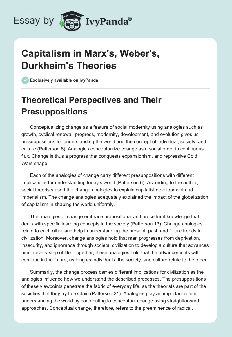 Capitalism in Marx's, Weber's, Durkheim's Theories. Page 1