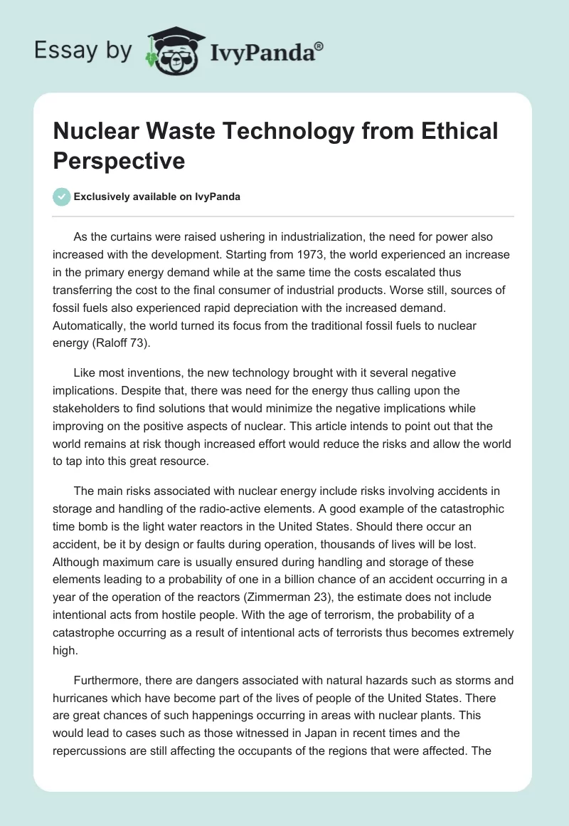 Nuclear Waste Technology from Ethical Perspective. Page 1