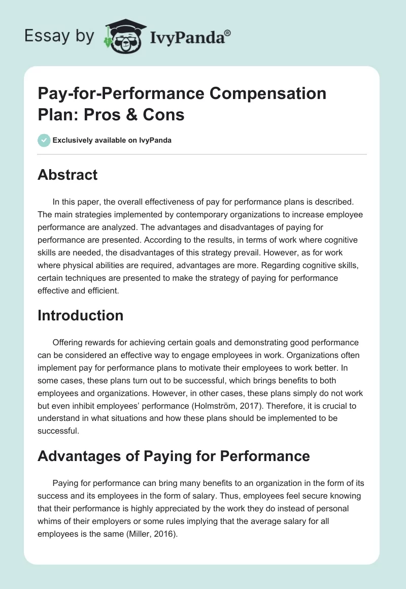 Pay-For-Performance Compensation Plan: Pros & Cons. Page 1