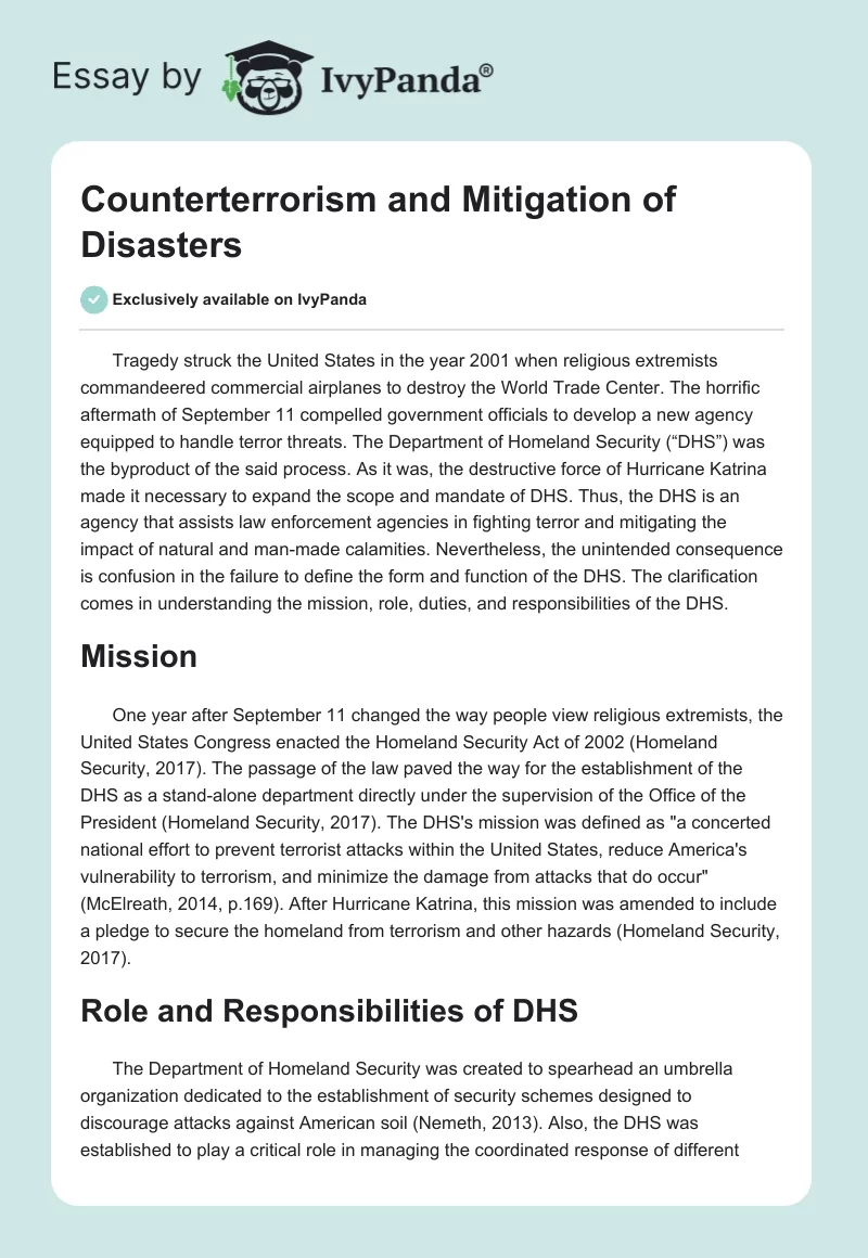 Counterterrorism and Mitigation of Disasters. Page 1