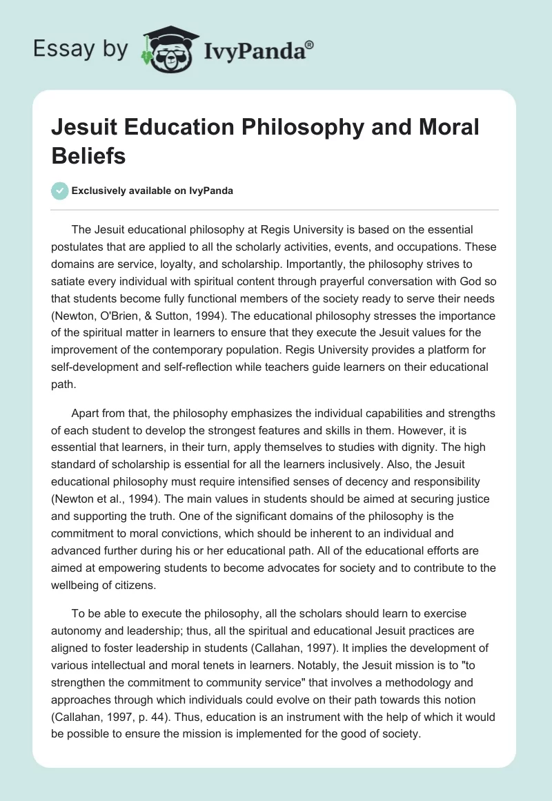 Jesuit Education Philosophy and Moral Beliefs. Page 1