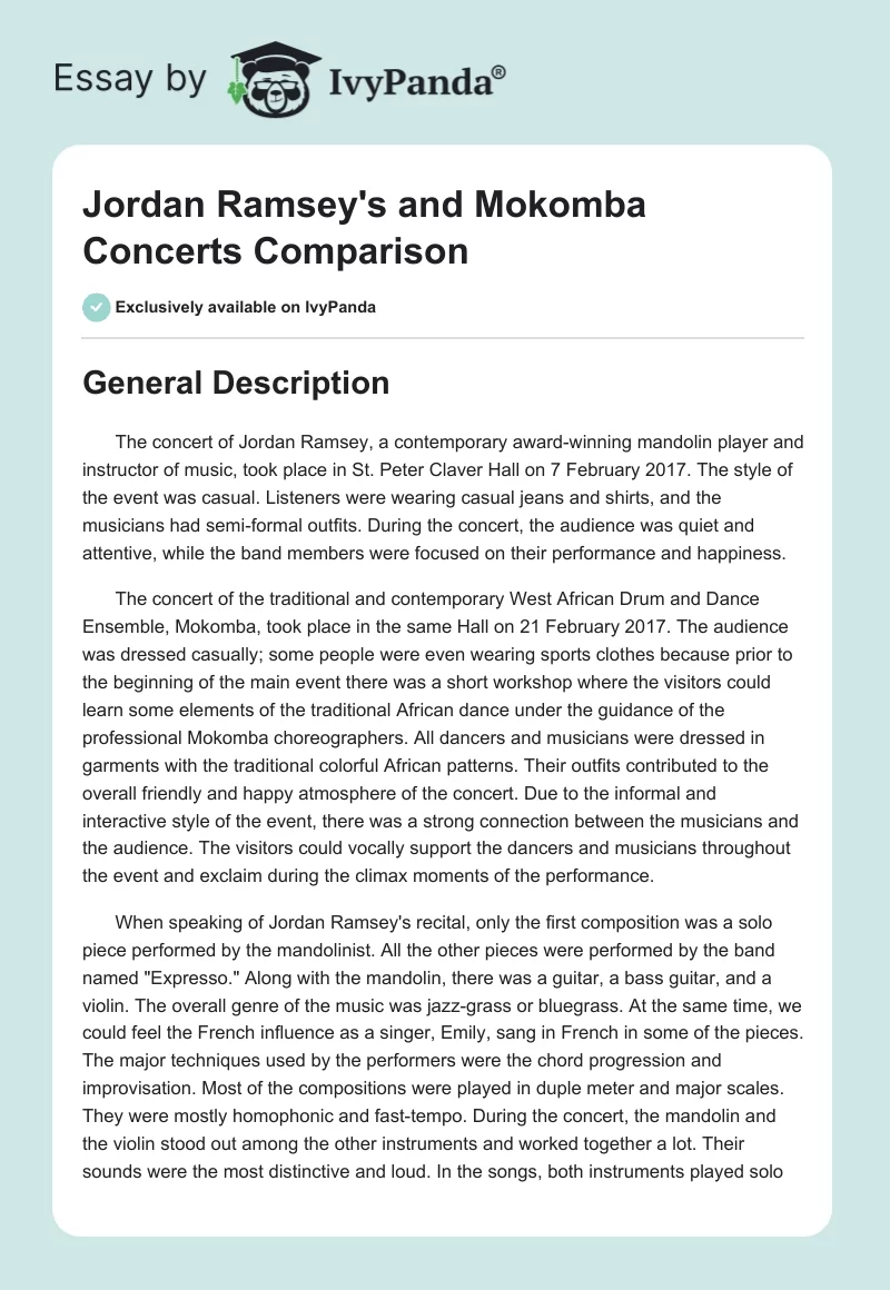 Jordan Ramsey's and Mokomba Concerts Comparison. Page 1