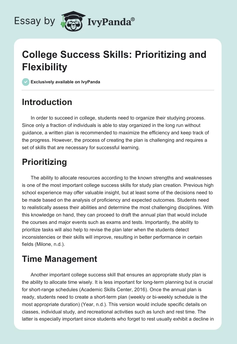 College Success Skills: Prioritizing and Flexibility. Page 1